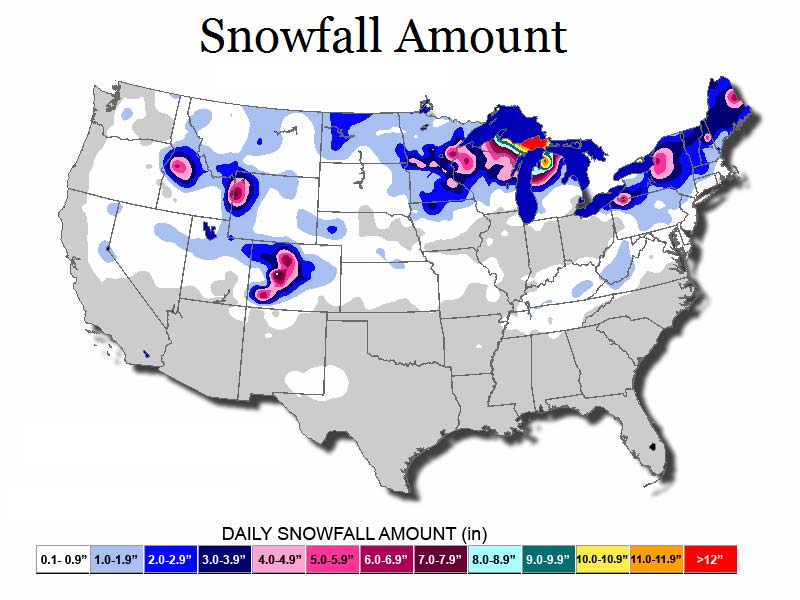 Map of United States illustrating snowfall amounts