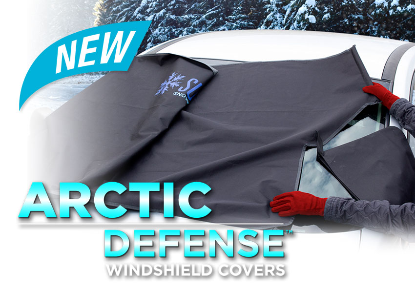 Person covering vehicle windshield with SubZero Windshield Cover with New graphic and logo
